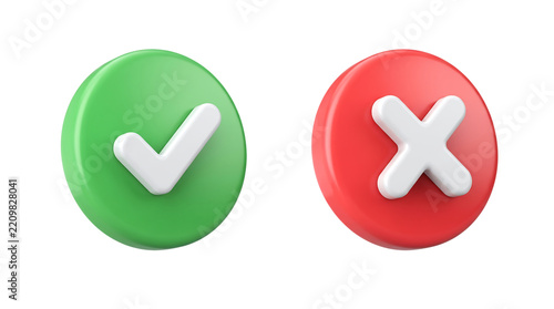 Green checkmark and red cross 3d buttons on transparent background.