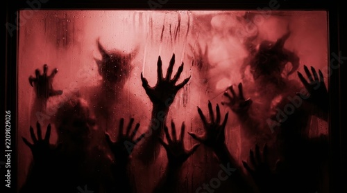 Demonic silhouettes and monstrous hands press against a wet, blood-red glass pane in a dark, eerie composition, evoking a frightening nightmare or hellish torment scene.