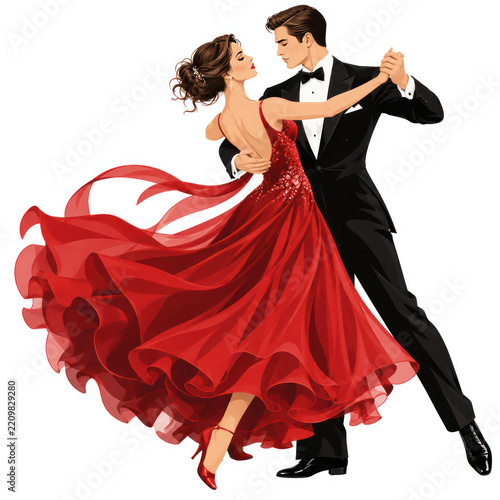 Elegant Ballroom Dancing Couple in Red Dress and Black Tuxedo