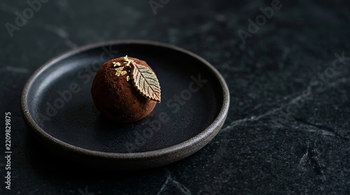 Chocolate truffle on black ceramic plate