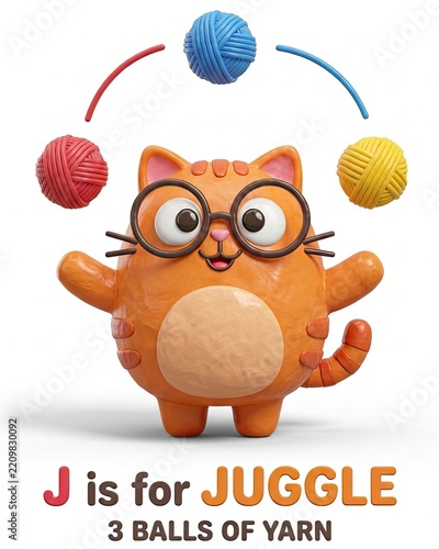 cute claymation Cute 3D claymation orange cat juggling three colorful balls of yarn with alphabet learning text J is for Juggle isolated white lifestyle