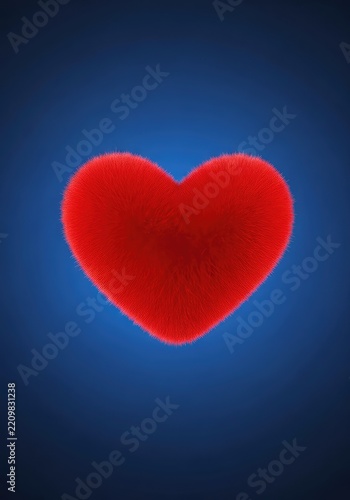 Vibrant red heart with a soft, fuzzy texture floats gracefully against a deep blue gradient background, symbolizing love and tenderness, blue, wedding, heart