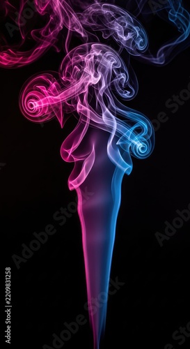 Vibrant swirls of neon pink and electric blue smoke drift elegantly against a deep black backdrop, creating a mystical and ethereal glow, color, luminous, mysterious