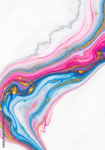 Vibrant swirls of pink, blue, and gold marble veins flow gracefully across a clean white surface, creating an elegant and artistic pattern, watercolor, smooth, wave