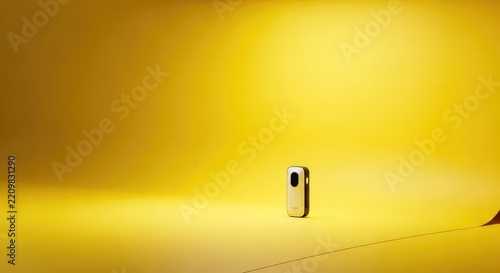 Vibrant yellow studio interior featuring a seamless floor and wall transition with soft ambient lighting for professional product staging, design, stage, perspective