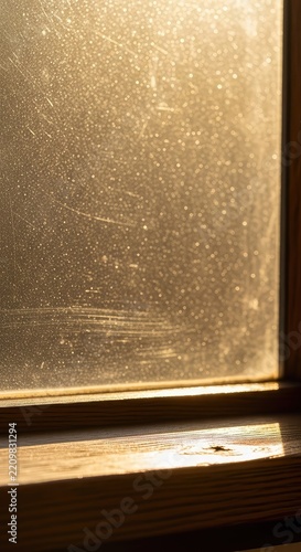 Warm golden hour light pours through a vintage glass pane, casting a glow on fine dust particles and textures atop a rustic wooden ledge, magic hour, farmhouse, warm