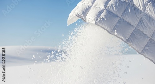 White crystalline snowflakes fall from a thick downy quilt shaken against a bright winter sky, creating a magic blizzard over soft horizons, winter, bright, fantasy