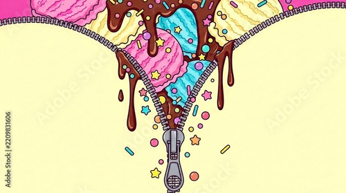 Colorful ice cream zipper melting into playful confectionery design