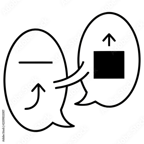 Two speech bubbles with arrows and symbols