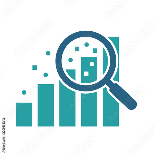 Data analysis icon featuring a magnifying glass examining a growing bar chart