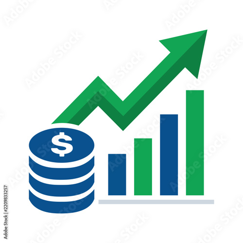 Financial growth icon showing upward arrow above coins and bar chart