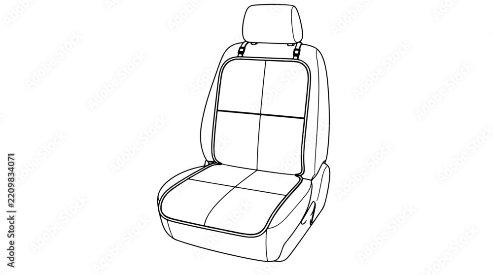 Obraz premium Black outline vector icon of a car seat protector with quilted divided panels, wraparound side flaps and dual top straps with buckles drawn in thin precise lines in centered angled view