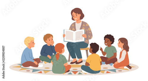 Friendly female teacher reading storybook to diverse children in a library flat vector illustration