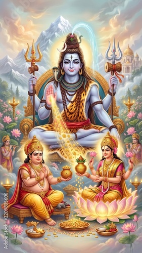 divine hindu Divine Hindu God Lord Shiva with Lord Kubera and Goddess Lakshmi bestowing wealth and prosperity sacred holy lifestyle
