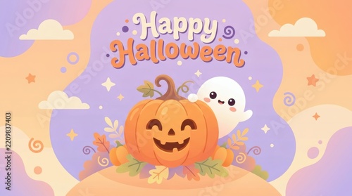 Cute Ghost Peeking Jack O Lantern Illustration Happy Halloween Text

