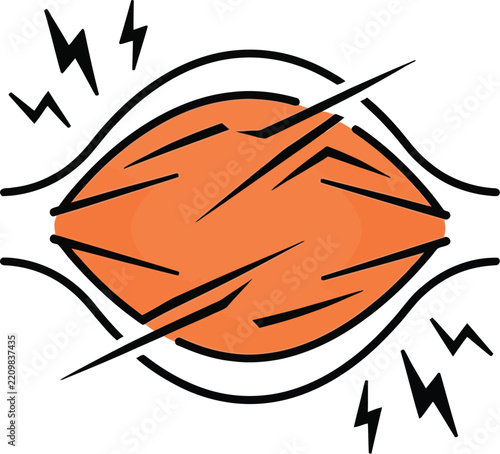 Human muscle anatomy vector illustration featuring a contracting fiber shape with bold outlines and electric shock symbols representing energy production during workout sessions