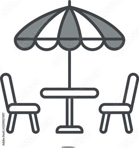 Patio umbrella and chairs icon outline vector illustration showing outdoor dining furniture seating setup with table and parasol for summer cafe symbol design element