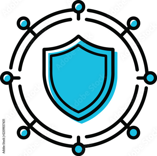 Cybersecurity shield icon inside connected circular network node lines vector graphic illustration symbol representing data privacy protection safety digital system communication technology framework