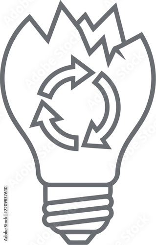 Broken lightbulb icon with a circular recycling arrows symbol inside represents sustainable technology concepts isolated on white background.