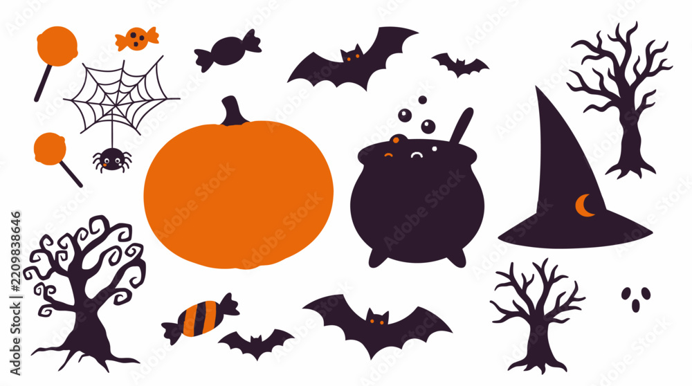 Fototapeta premium Halloween icon set featuring carved pumpkin, bats, bubbling cauldron, witch hat, ghost, candies, spider web, and spooky dead trees on white background. Flat vector design for holiday.