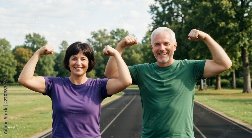 Obraz premium Happy active aging couple flexing muscles on a park track, symbolizing healthy lifestyle and fitness.