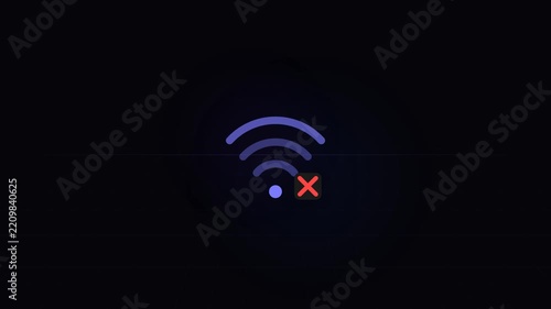 Minimalist Digital White Wi-Fi Icon with an Exclamation Mark Flickering with a Glitch Effect Against a Solid Black Background, Symbolizing a Lack of Internet Connectivity. Featuring Elements of No Wi-