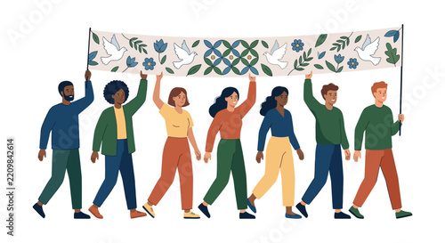 Diverse multicultural people carrying peace banner during street march for unity flat vector illustration.