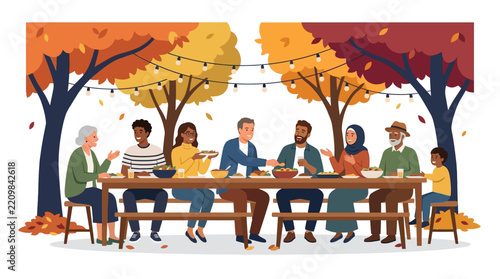 Diverse multicultural neighbors sharing food at a long wooden table in autumn park flat design vector illustration.