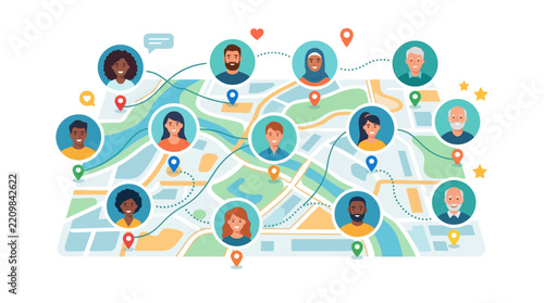Diverse multicultural people connecting on a digital map for global networking and community flat vector illustration.