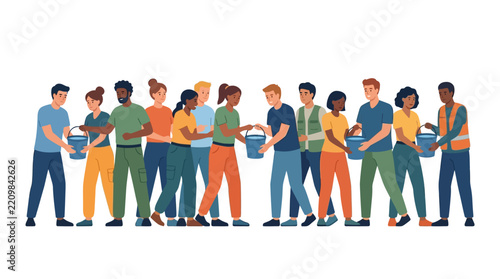 Diverse multicultural volunteers passing water buckets in a human chain for humanitarian aid flat design vector illustration.