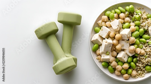 High-key commercial food still life with one small matte sage green exercise dumbbell beside a round white plate of firm tofu cubes