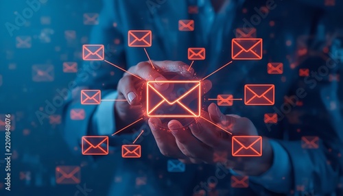 Business professional interacts with floating glowing red email icons using digital interface technology in this modern dark blue background composition