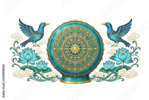 Teal Blue Chinese Circular Artifact With Golden Mandala Sun Pattern Mythical Birds And Lotus