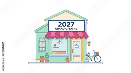 Charming pastel storefront illustration with 2027 grand opening sign, perfect for retail and business concepts