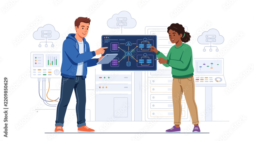 Obraz premium Diverse Team Collaborating on Cloud Network Architecture in Data Center