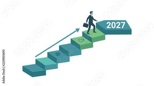 A businessman climbing up a staircase of success towards the year 2027 with financial growth and career goals