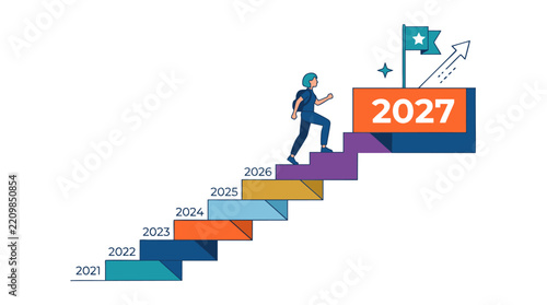 Conceptual illustration of a professional climbing stairs towards a future goal in 2027 symbolizing success and growth
