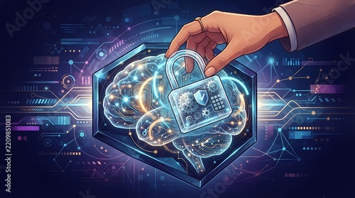 Artificial intelligence brain security concept with digital lock.