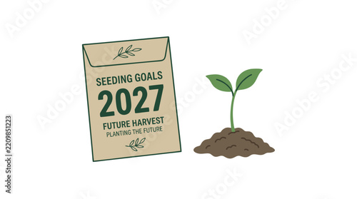 Illustration of a seed packet for seeding goals 2027 and a growing sprout symbolizing future harvest and personal growth planning