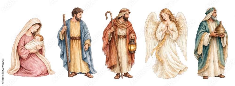 Obraz premium PNG Nativity watercolor figures featuring Mary, shepherds, angel and magi