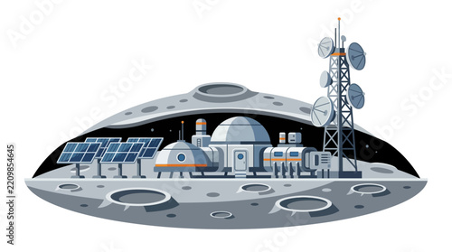 Futuristic lunar moon base with solar panels and communication tower for space colonization flat vector illustration.