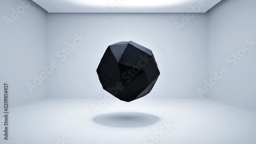 A single black geometric polyhedral object floating in a minimalist white studio room.