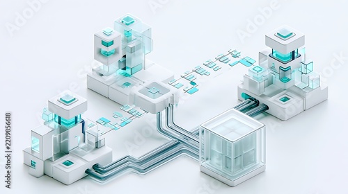 Enterprise workflow integration concept, four separate miniature data processing islands with distinct geometric structures connected to one central AI orchestration hub