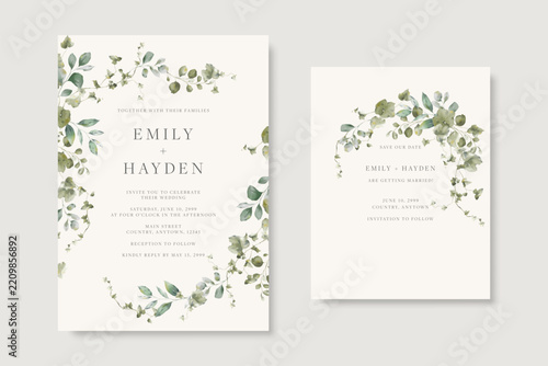 Greenery wedding invitation and save the date template card set with watercol...