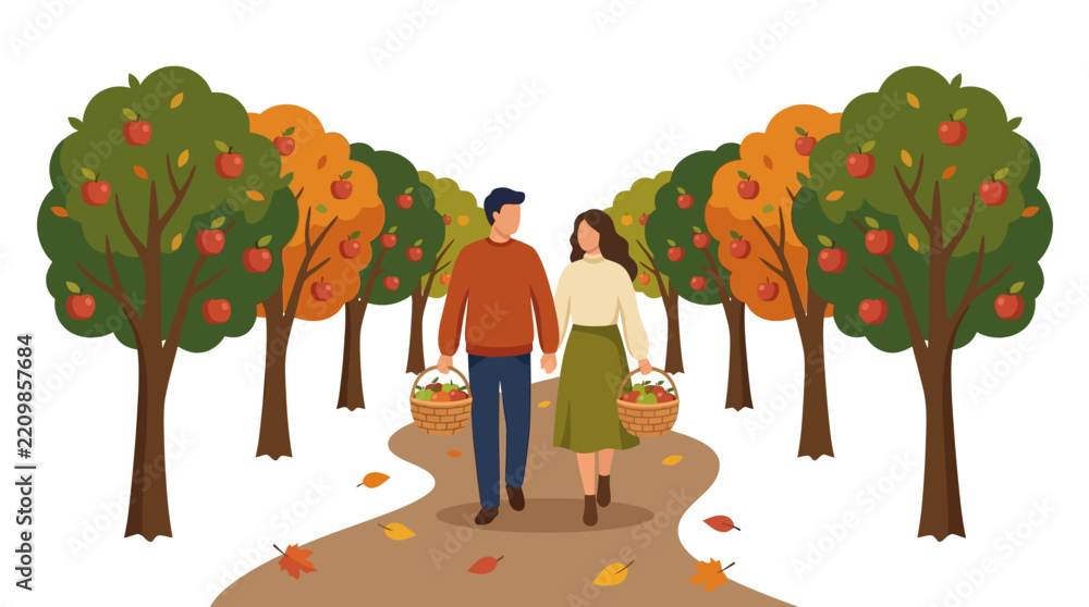 Fototapeta premium Romantic young couple harvesting red apples in vibrant autumn garden during fall season flat design vector illustration.