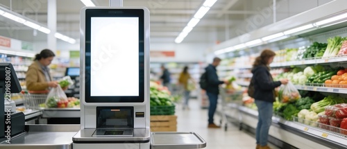 A blank vertical screen on a modern self-checkout kiosk in a blurred supermarket interior for retail technology mockups.