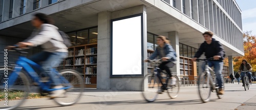 A vertical blank white billboard mockup stands on a modern concrete university pillar as students on bicycles pass by with cinematic motion blur.