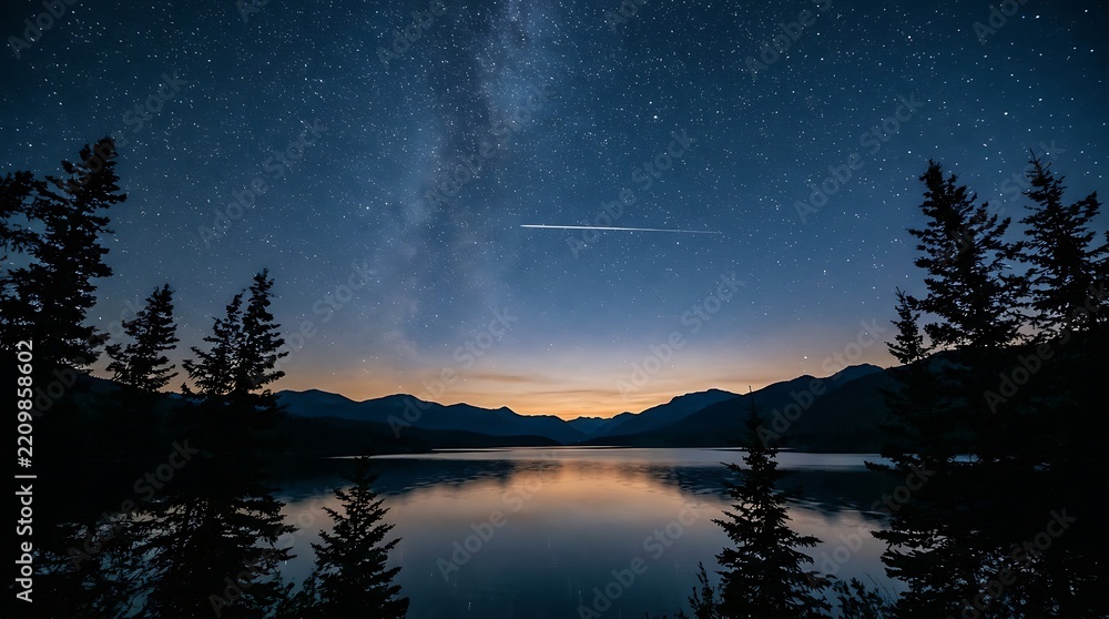 Fototapeta premium Starry night sky over mountain lake and pine forest
