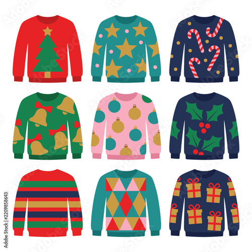 Set of nine colorful ugly christmas sweaters perfect for holiday parties and festive winter apparel designs.