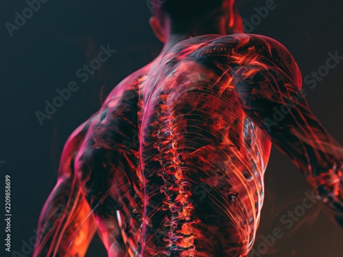 3D render of human back with glowing spine and anatomy